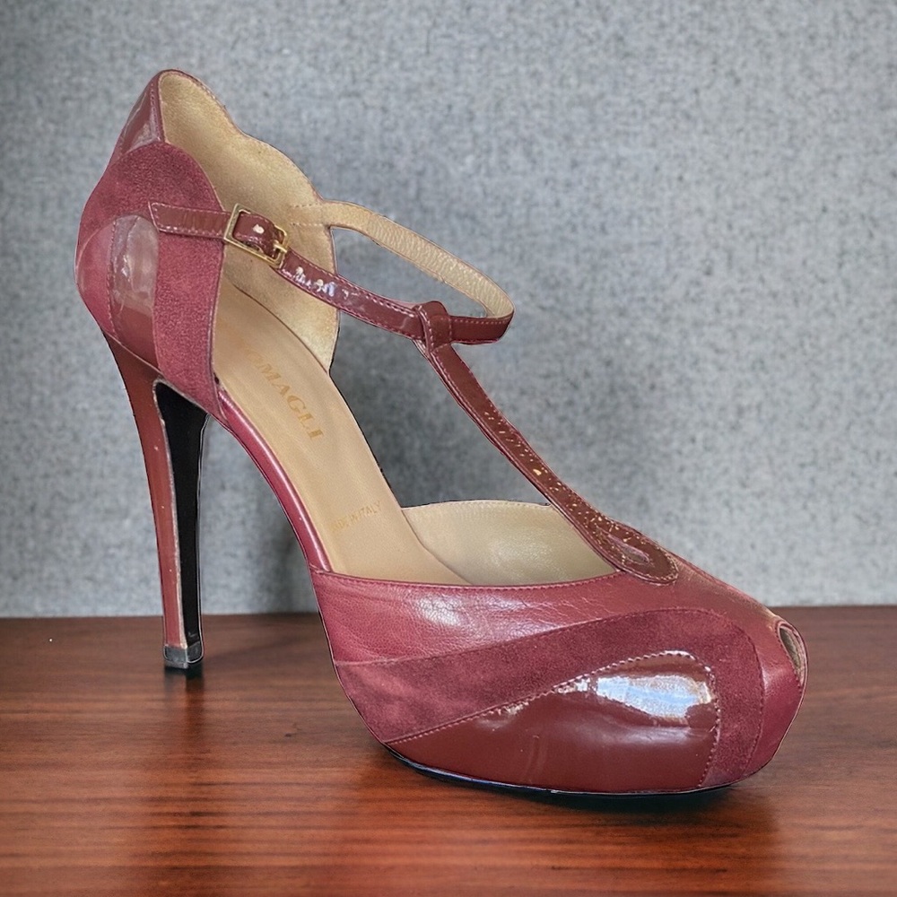 Bruno Magli wine patent leather open toe stiletto heel 36 US 5.5